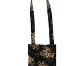 Black with Brown and Cream Floral Print  Messenger Bag Purse  with a  Handmade Beaded Button, Purse,School  Bag