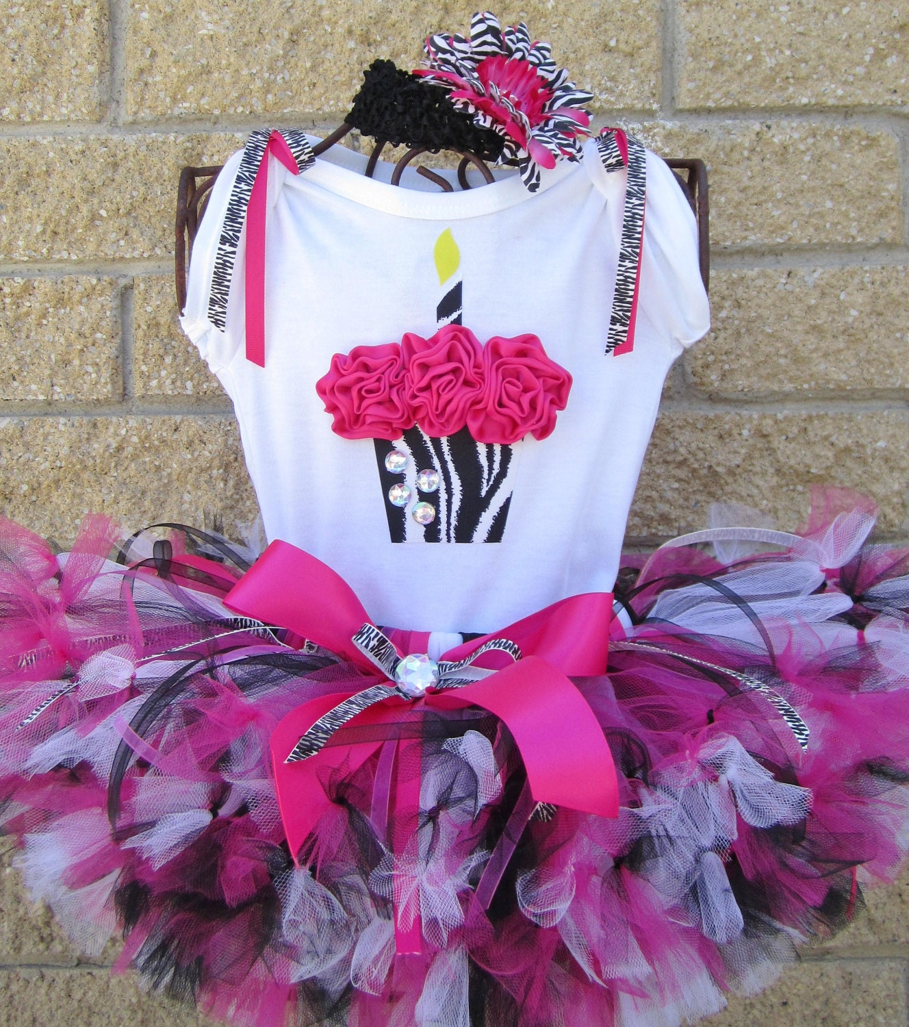 FUNKY WILD ZEBRA 3D Cupcake 1st Birthday Set Includes Petti Tutu 3D Cupcake Onesie Free Matching Flower Headband - 1st 2nd 3rd 4th 5th bday