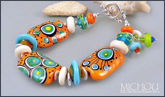 Fiesta - Handmade lampwork Bracelet in orange, white, green and turquoise by Michou
