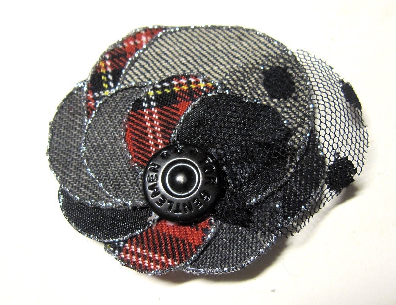 Handmade christmas flower brooch and hair clip of denim, gift, hair accessory, shabby chic, upcycling