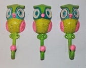 Wall Hook /Colorful Owl Hanger /Aqua, Pink, Green,Yellow, Bright Painted Metal /Key Holder /Bathroom Fixture /Mud Room Rack /Whimsy Nursery