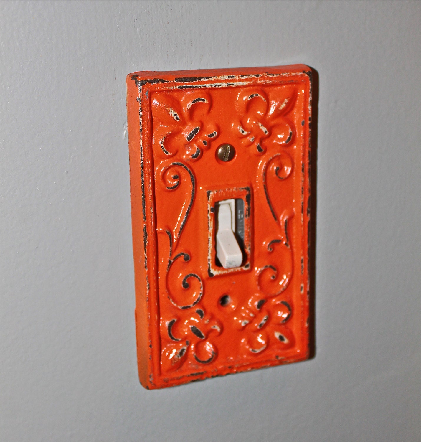 Laguna Green Decorative Light Switch Plate/ Single Switch Cover/ Fleur de lis/ Bright Cast Iron/ Painted Metal/ Shabby Chic