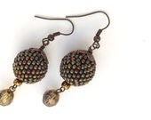 Beaded Bead earrings Patina &  bronze Minimalist  Vintage style  Rustic  Beadwork  Jewelry