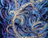 Geshtinanna Abstract Painting Small Acrylic Mixed Media On Canvas Shimmery Metallic Blue, Purple, Black, Red With Gold Leaf