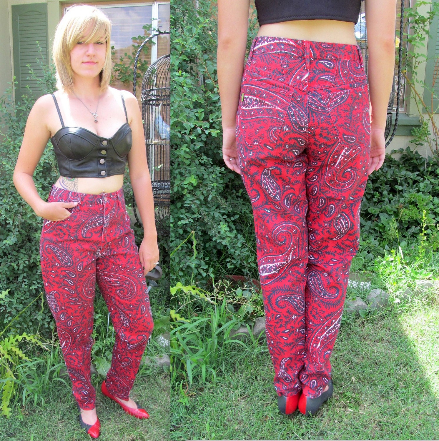 Vintage 80's Jeans / Esprit Jeans M L 11/12 / Paisley High Waist Pants / Red White and Blue Jeans / Grunge Jeans FREE Shipping US Canada