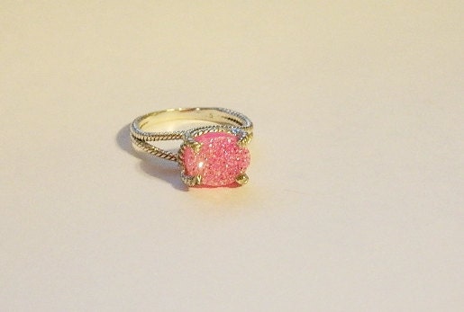Pink druzy ring sterling silver size 6 3/4