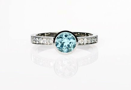Aquamarine engagement, diamond ring, white gold, milgrain, vintage style, bezel engagement, aquamarine, solitaire