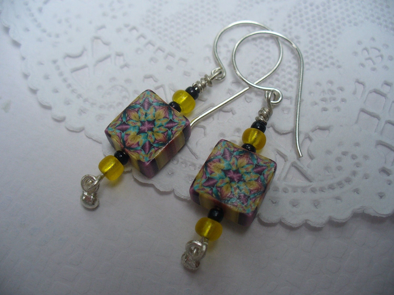 Yellow Beaded and Polymer Clay Earrings
