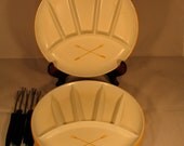 Set of 4 Sunflower Yellow Vintage Melmac Sectioned Serving Plates, Fondue Plates, And 5 Fondue Forks Mid Century  Kitchen Decor B5