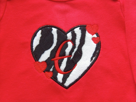 Valentine Applique Minky Zebra Print Heart with Alphabet Letter Onesie