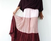 NO.53  Light Pink-Dusty Rose-Burgundy Cotton, Hippie Gypsy Boho Color-Block Tiered Skirt