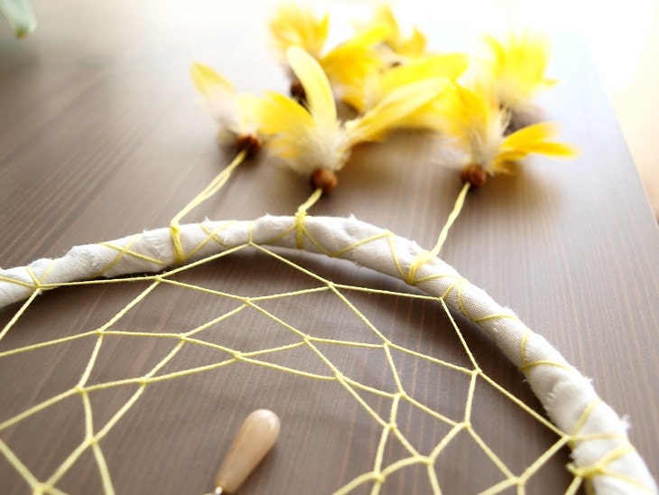 Dream Catcher - Tropical Sunshine - With Exotic Yellow Parrot Feathers, Drop Formed Gemstone and White Frame - Home Decor, Mobile