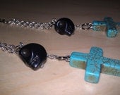 Turquoise Cross and Baby Black Skull Earrings