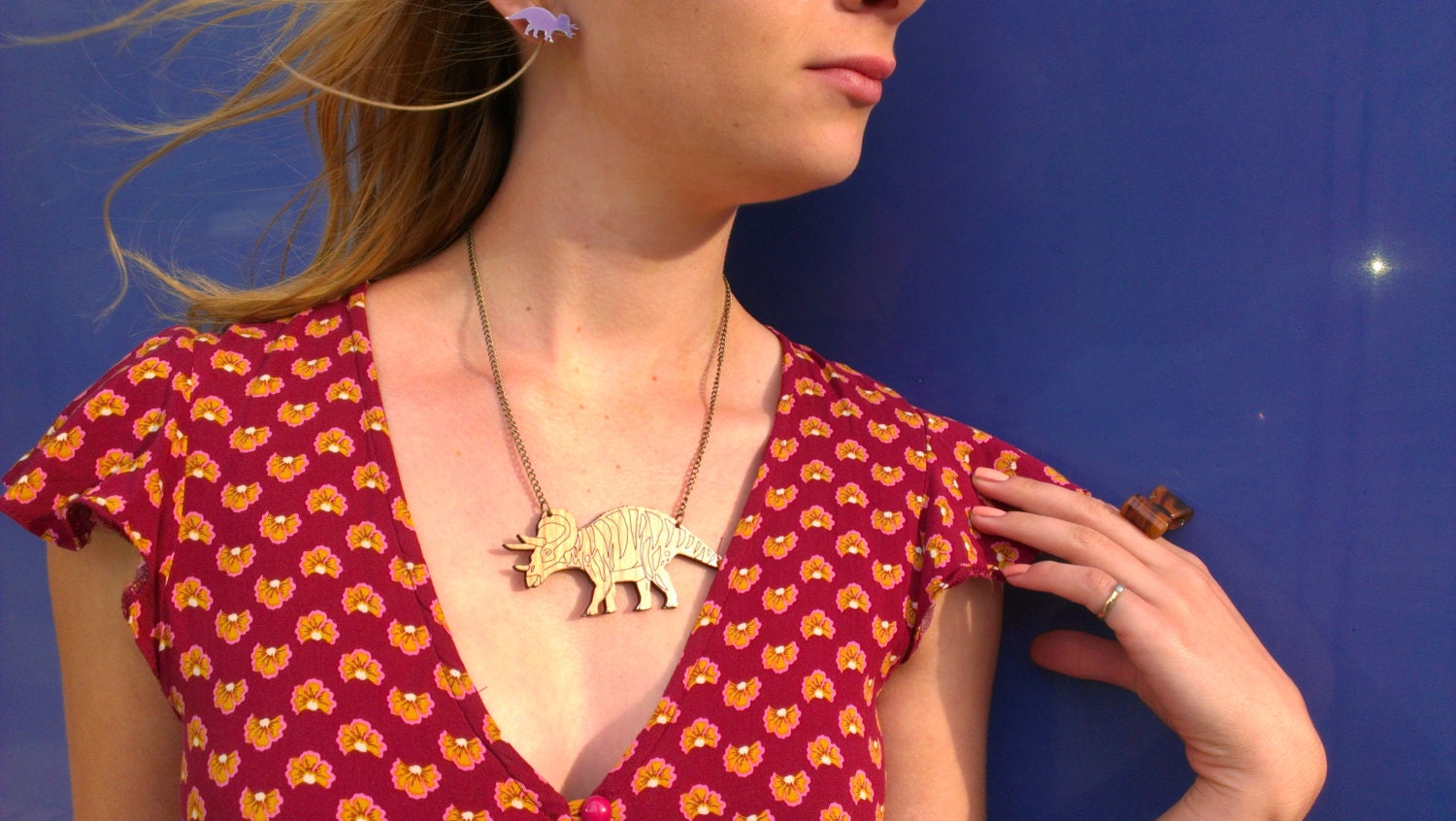 Triceratops Necklace. Laser Cut Acrylic Dinosaur Necklace. Mirrored Perspex and Cherry Wood.