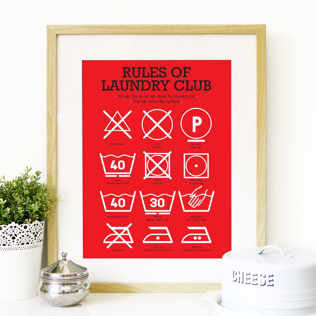 Kitchen Art Laundry Club Poster Art with laundry symbols - Mid Century Modern kitchen decor Poster Art Kitchen art wall in red - A3 print