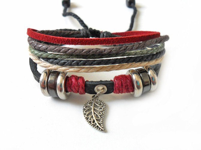 Adjustable leather bracelet men bracelet women bracelet punk bracelet made of  leather ropes and metal leaves wrist bracelet SH-1294