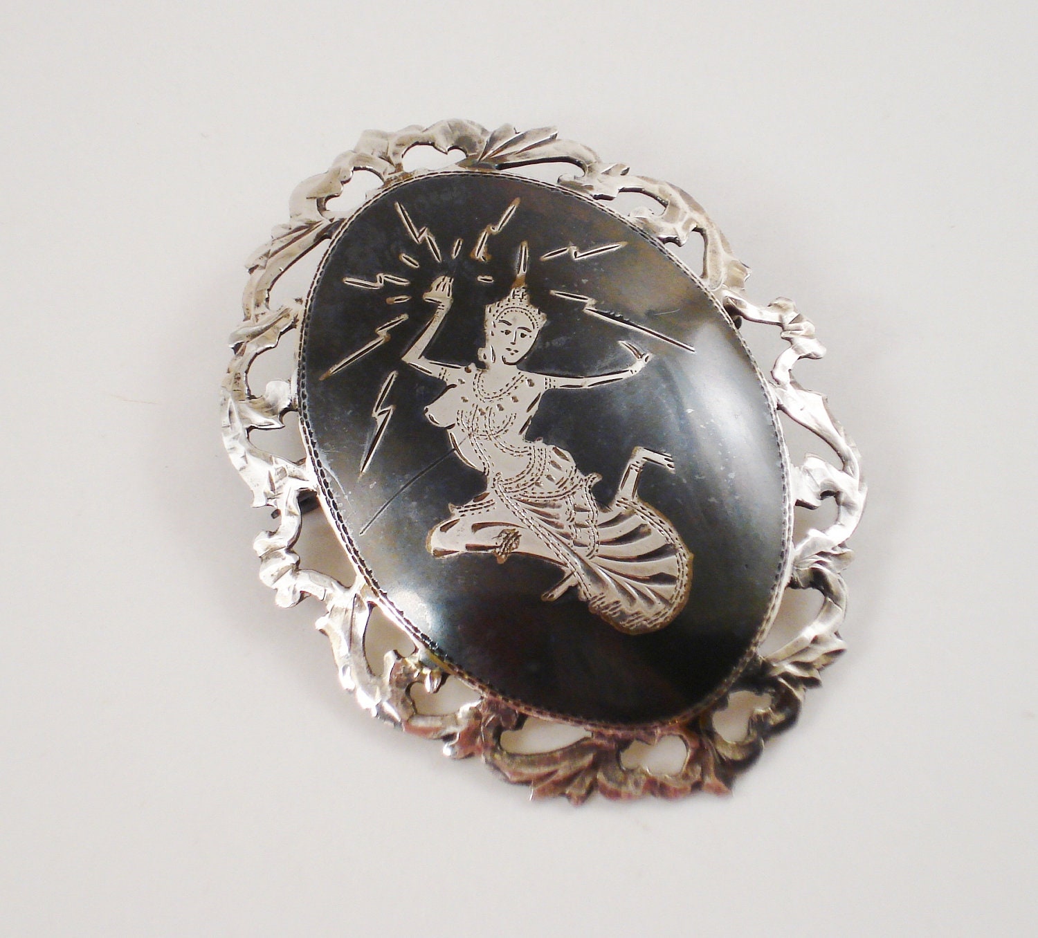 Vintage Siam Sterling Brooch / Nielloware Brooch / Dancing Goddess Brooch / Sterling Silver Brooch