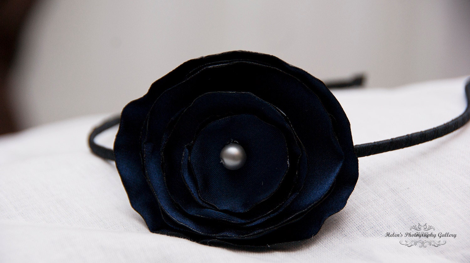 Navy Blue Fabric Flowered Headband
