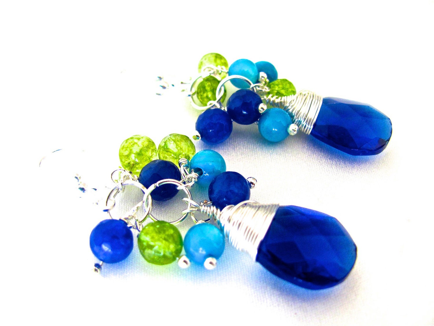 Cluster Earrings, Crystal Earrings, Bridesmaid Earrings, Gemstone Earrings, Dangle, Chunky, Sapphire, Peridot, Turquoise - 'Peacock'