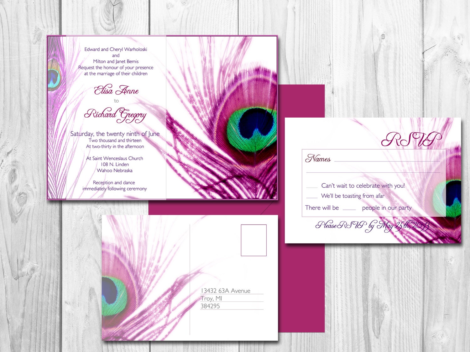 PEACOCK WEDDING INVITATION - Pittsburgh Suite Purple Peacock feather