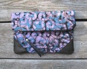 african batik, fold-over clutch, cotton and leather