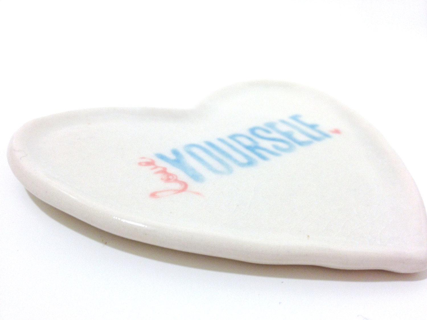 Porcelain Jewelry Heart Dish in White, Blue and Pink with Writing "Love Yourself" READY TO SHIP