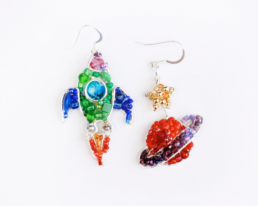 Reserved For Bonnie: Rocket and Planet Beaded Earrings