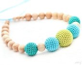 Eco-friendly Nursing Breastfeeding Necklace -Teething Toy - Juniper necklace - yellow, turquoise, green big crochet beads. Mother's Day Gift