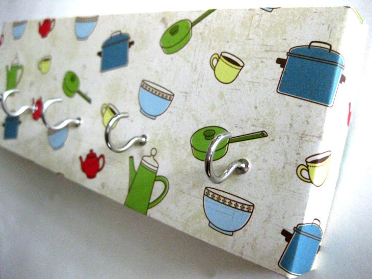 Kitchen Utensil Holder and Key Rack  - "Pots and Pans" - Tea Pots, Coffee Pot, Cups. Bowls, Pots and Pans, Kettle, Blue, Green, Yellow, Red