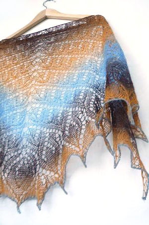 Hand knit shawl, wool shawl, brown,blue, orange, Autumn colors