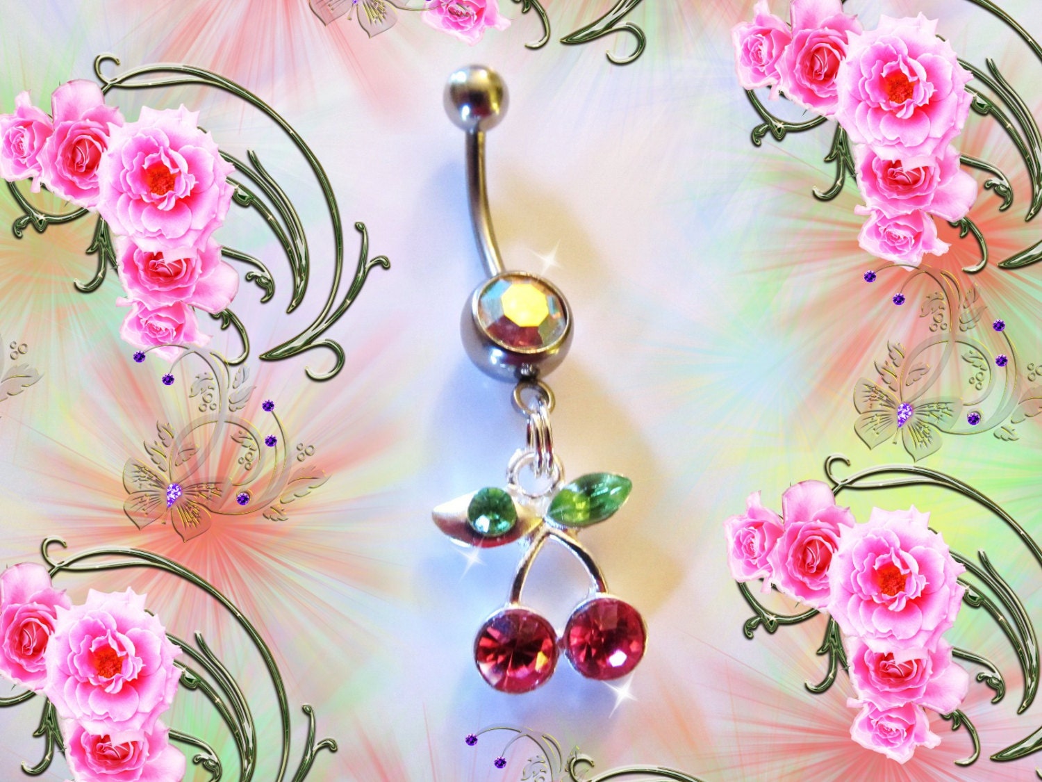 SALE- Belly Ring Double Crystal Summer Sweet Cherry Cherries, Fruit Belly Button Ring, Belly Button Jewelry, For Her
