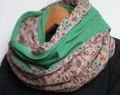 Jersey Scarf, Infinity scarf, Circle Scarf, Snood, Loop, beige, green, floral, jersey, handmade