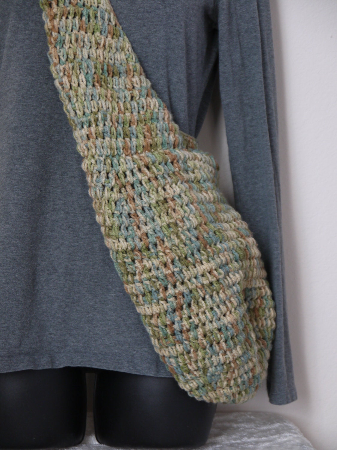 Crocheted Market Bag with Long Handle in Greens and Browns