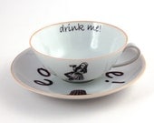 Altered Alice in Wonderland on Vintage Tea or Coffee Cup with Saucer Porcelain White Brown Romantic Whimsical