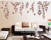 Tree wall decals nature Bird wall decal vinyl nursery Birdcage wall sticker Flower wall mural art - vine flowers birdcage and birds Z120