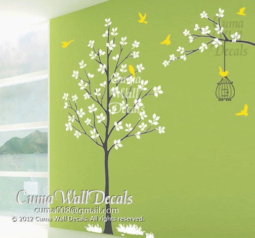 Tree wall decals white tree wall decal birds birdcage vinyl wall mural nursery wall sticker children - cute tree birds birdcage Z152 Cuma