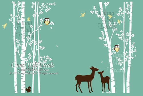 tree wall decal animal deer squarrel forest Vinyl wall decals wall decal nursery wall sticker children - 7tree birds deers Z147A Cuma