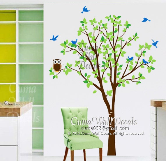 Vinyl wall decals pink tree owl and butterfly Nature Tree Wall mural Nursery wall decal children- tree owl butterfly Z142 Cuma