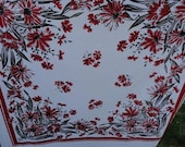 Vintage Queen Anne on Indian Head Woven by Nashua Red White Floral Cotton Tablecloth