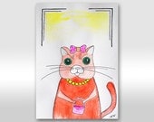 Original illustration orange cat ink watercolors painting. Cute kitty girl Nursery decor Animal Drawing 12x8 Gift for children baby girl