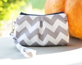 Gray Chevron Pleated Zipper Clutch - Purse - Wristlet with Navy Lining