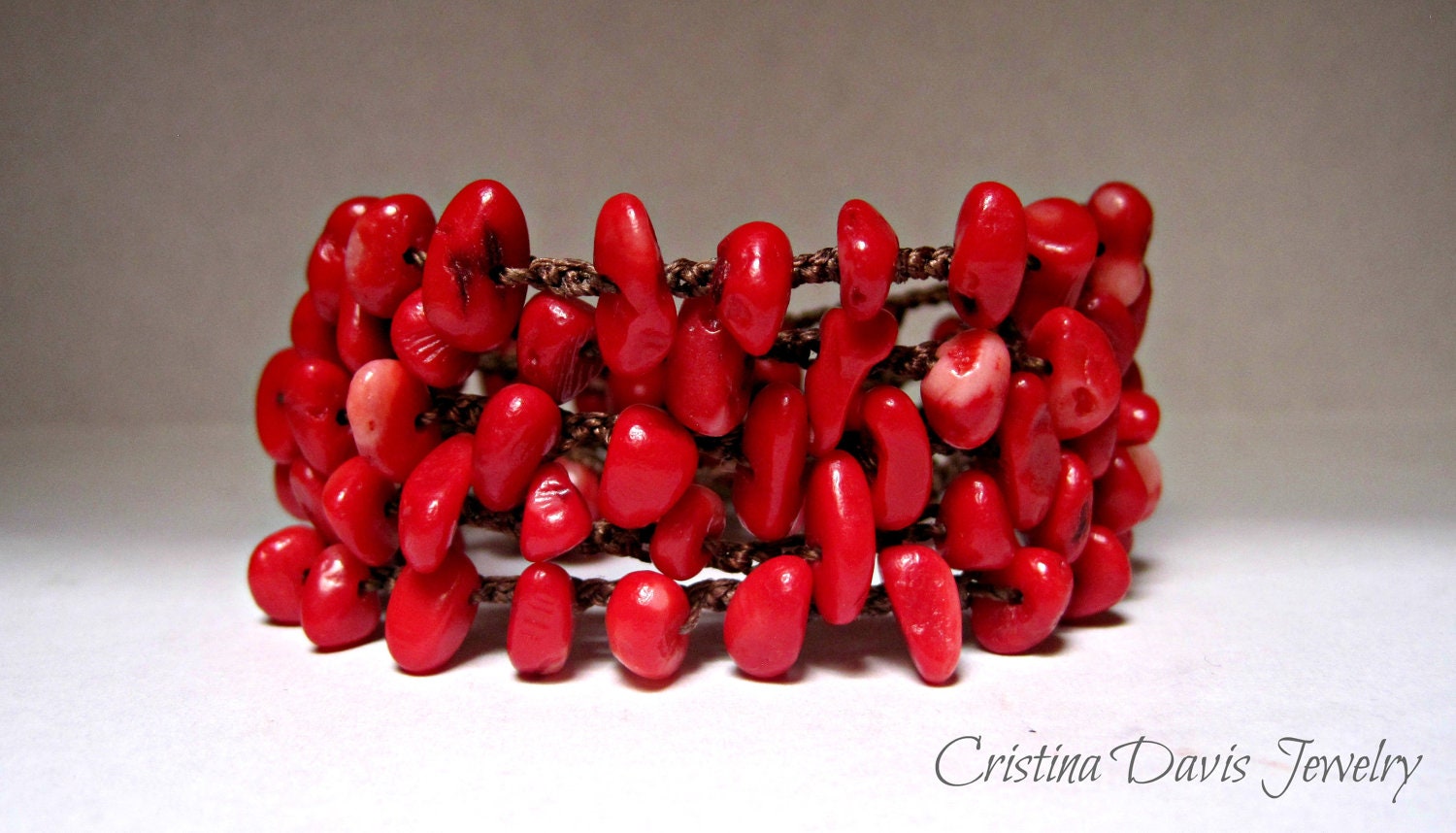 Beaded Crochet Wrap Bracelet, Necklace, Red Coral chip bead, boho chic, surf jewelry