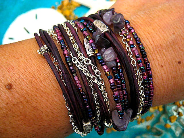 Boho Chic Endless Leather Wrap Beaded Bracelet...Purple Passion... "FREE SHIPPING"
