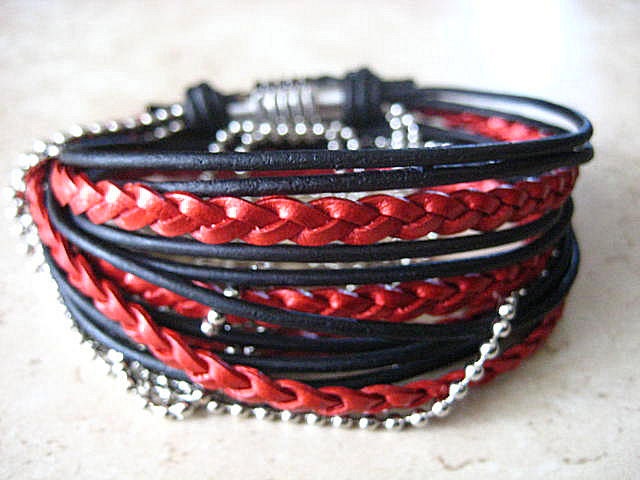 Boho Chic Pearlized Red and Black Leather Wrap Bracelet with Silver Accents... Magnetic Clasp ..."FREE SHIPPING"
