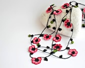 Crochet Necklace, Cherry Blossom, Burgundy and Pink Flowers, Crochet Jewelry, Oya, Handmade Jewelery