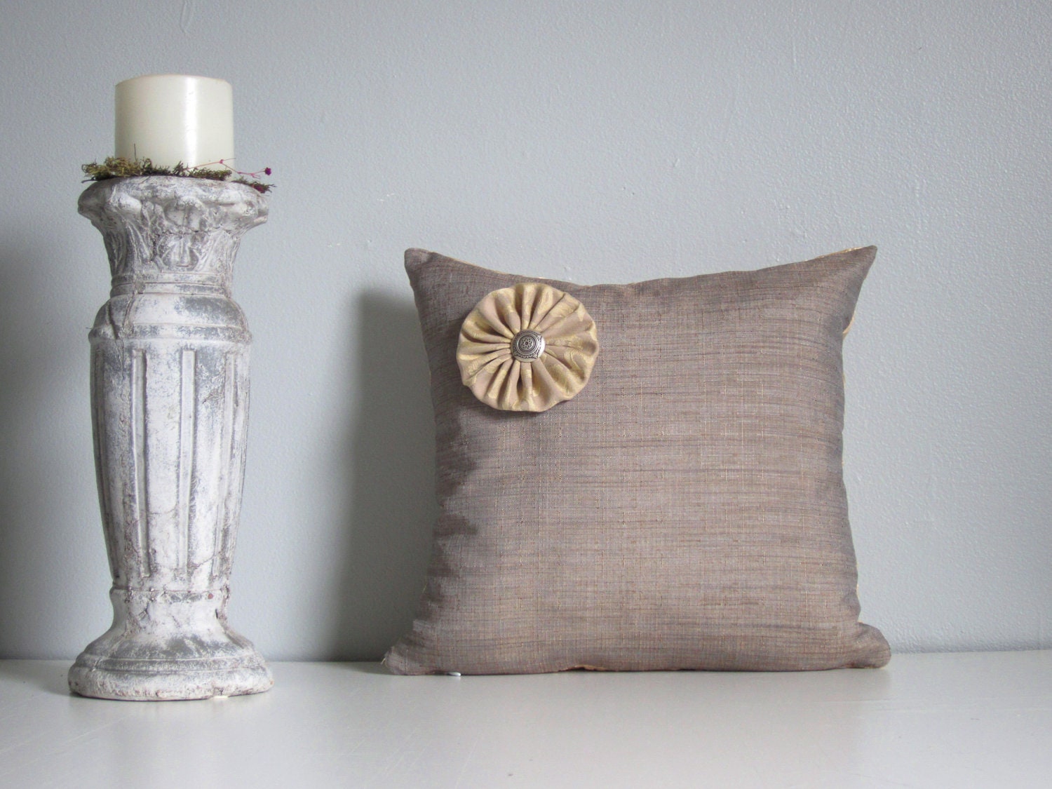 14x14 Handmade Shabby Chic Glamorous Decorative Throw Pillow Cover- Cream Silk, Taupe Solid with Flower 14"