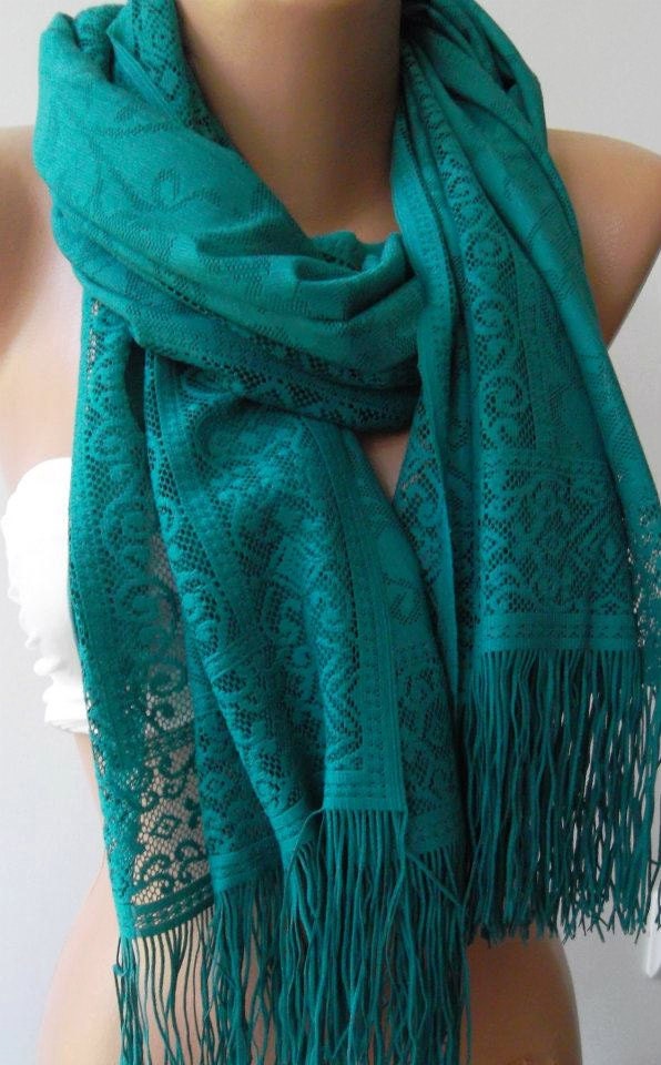 Green Elegance and Lace Shawl - Scarf Pareo-