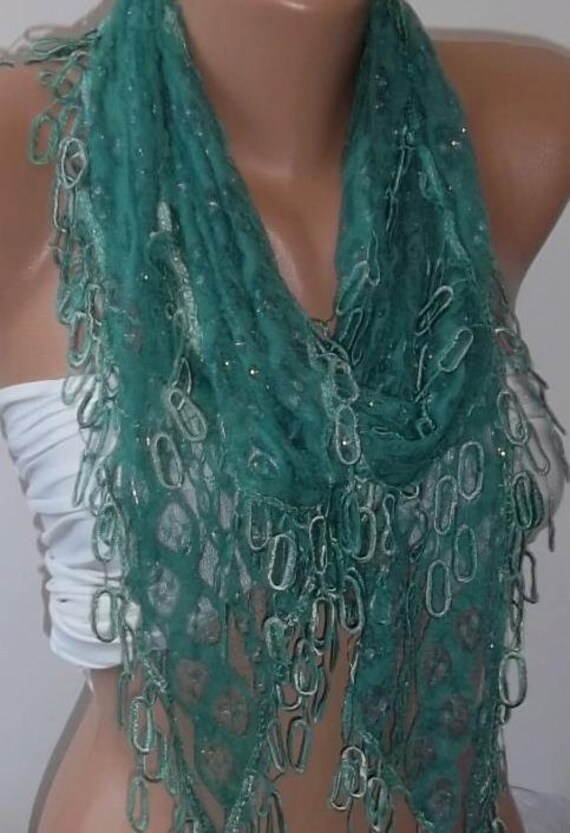 Gorgeous Scarf Emerald - lace and Elegance Scarf - with Lace Edge