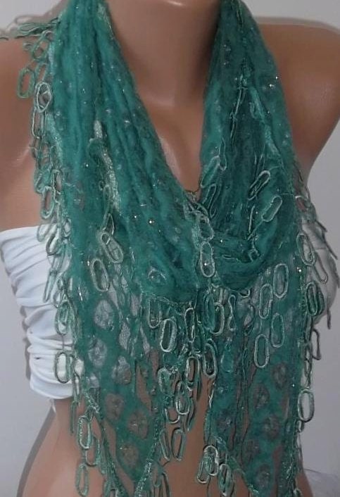Gorgeous Scarf Emerald - lace and Elegance Scarf - with Lace Edge