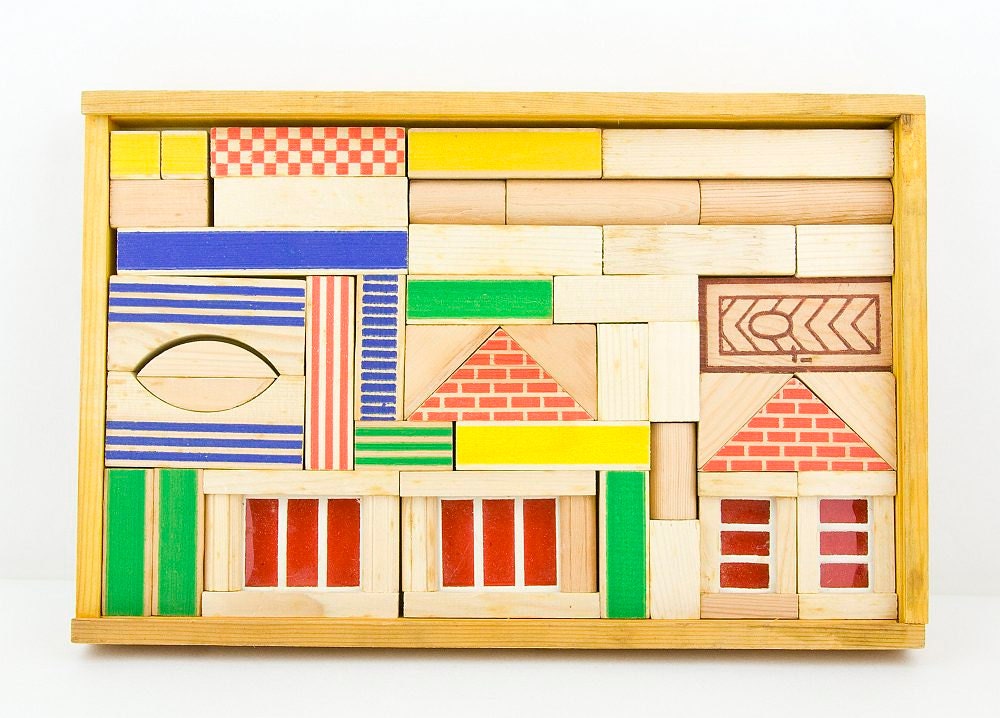 Vintage wood building blocks in wood box - toy for children - CrystalBlueVintage